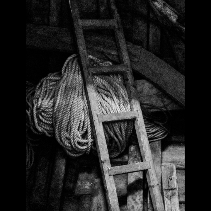 Rope and ladder in the hold of a boat at the Lista boat museum