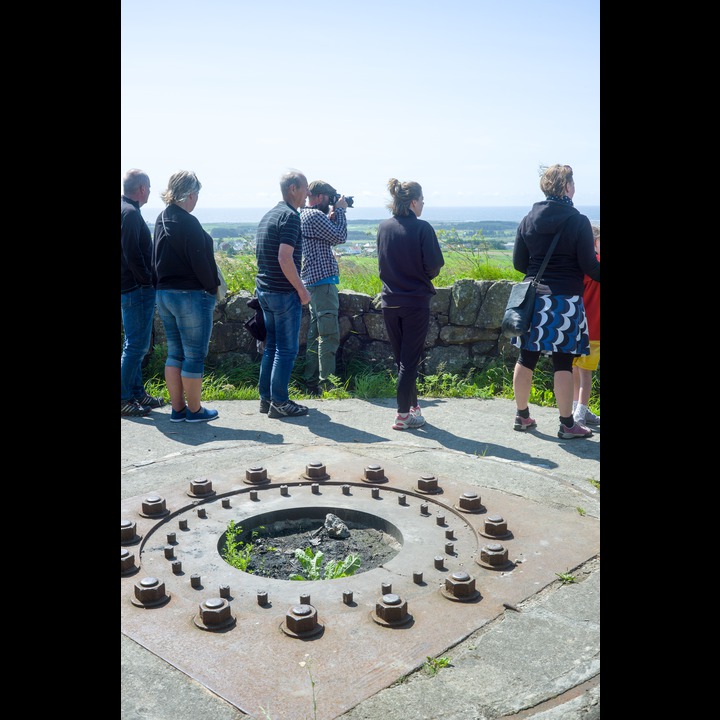 Mounting platform for a large WWII German cannon at Nordberg fort. Part of the azimuth laying circle in the lower right hand corner.