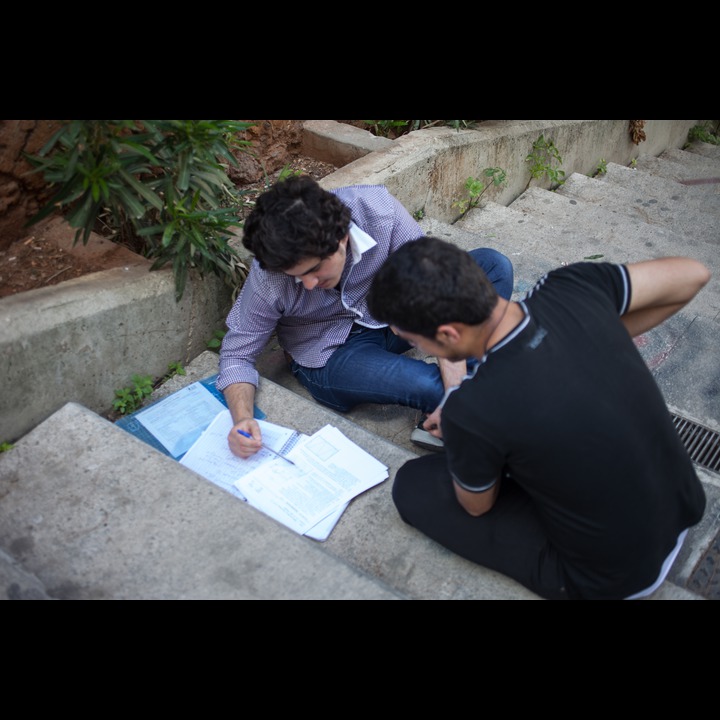 Doing math homework on the AUB stairs