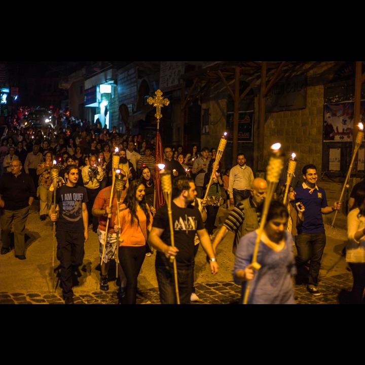 The procession with the Holy Flame entering the village square in Marjaayoun