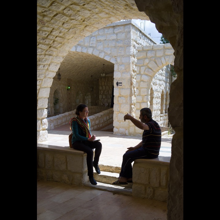 Toufoul interviewing the caretaker of the shrine of Benjamin Bin Yaakoub at Mhaibib
