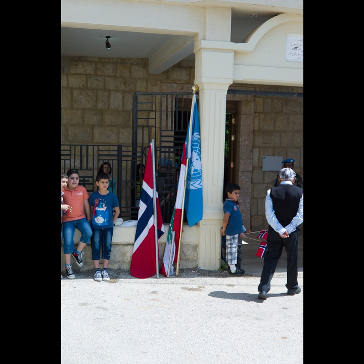 May 17, Norwegian Independence Day in Ibl el Saqi: The falgs of Norway, Lebanon and the United Nations outside the church