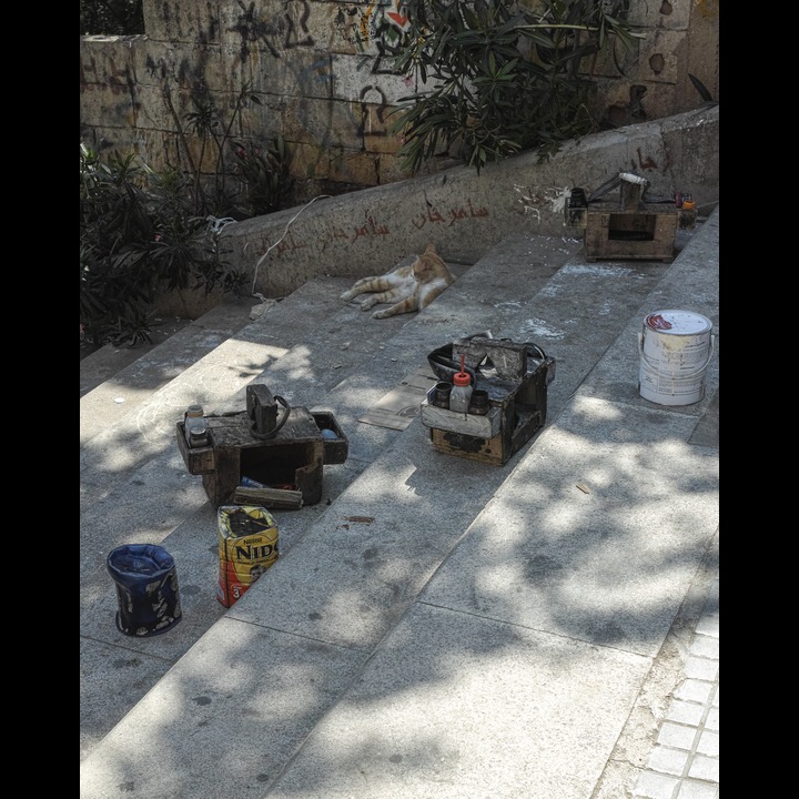 A lost childhood: the equipment of the Syrian refugee shoe shine boys at the top of the AUB stairs on Rue Kennedy